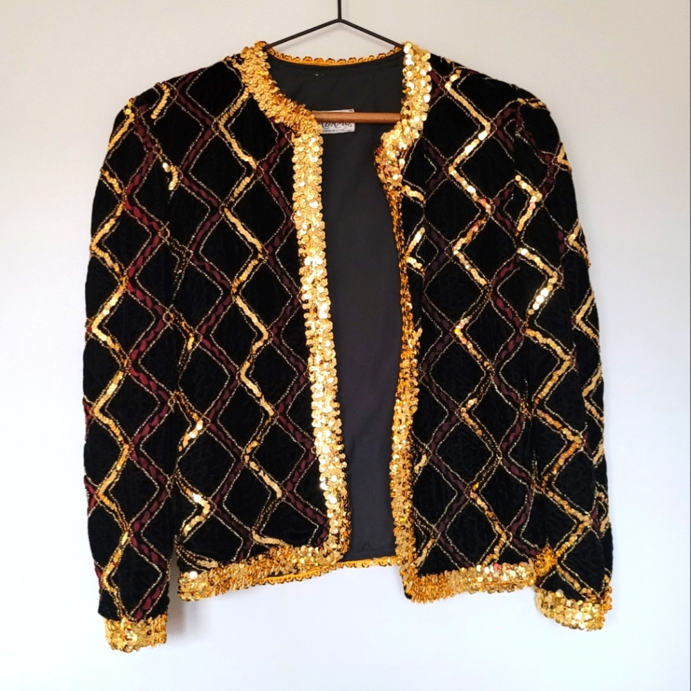 Vintage Adamo Black and Gold Velvet Jacket With Geometric Pattern